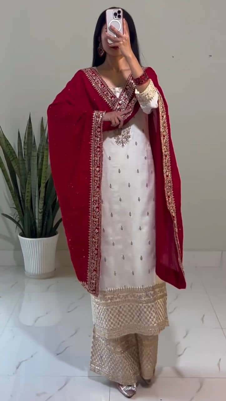 "Elegant Chinnon Silk Embroidered Top, Pant & Dupatta Set"