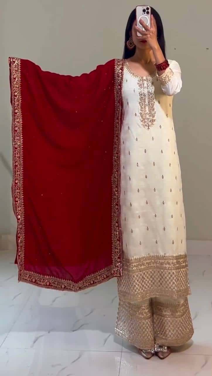 "Elegant Chinnon Silk Embroidered Top, Pant & Dupatta Set"
