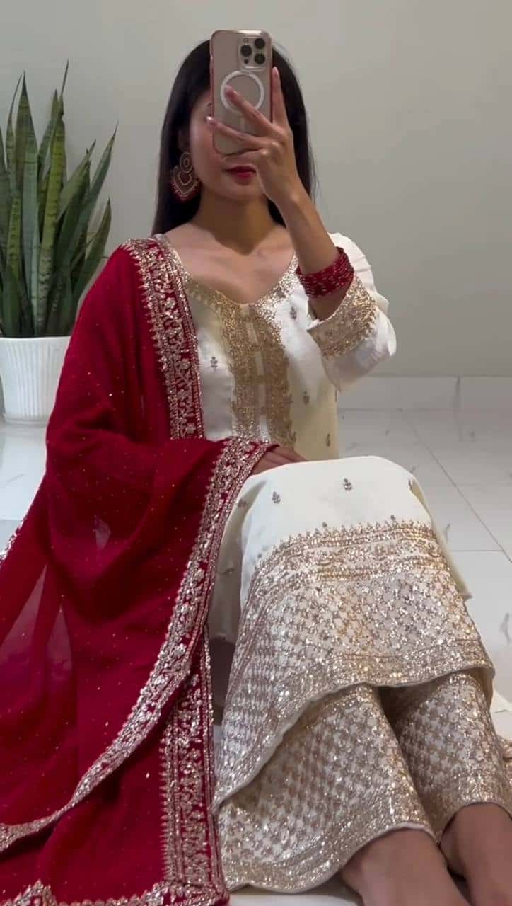 "Elegant Chinnon Silk Embroidered Top, Pant & Dupatta Set"