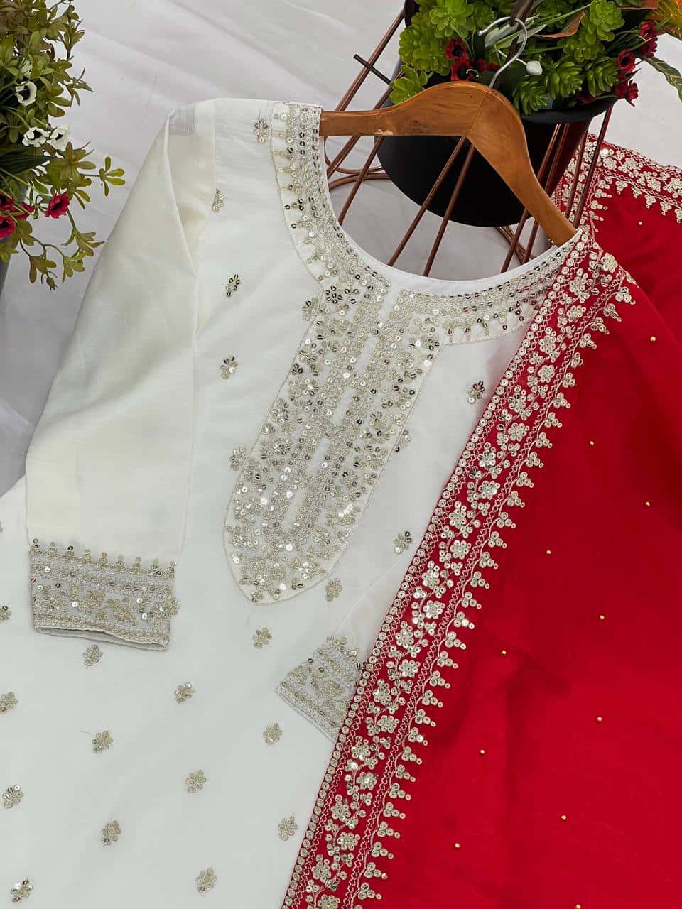 "Elegant Chinnon Silk Embroidered Top, Pant & Dupatta Set"