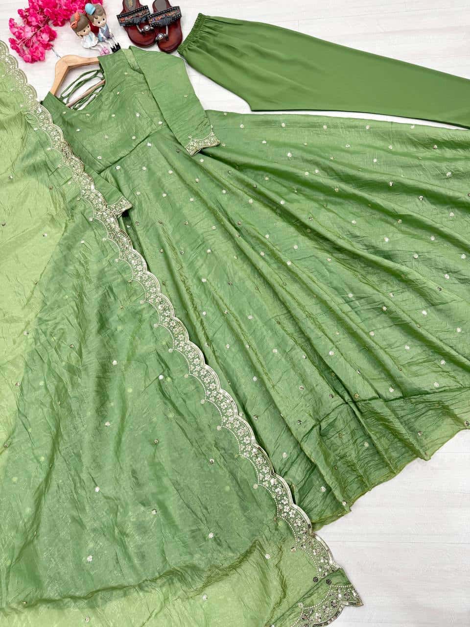 "Beautiful Embroidered Soft Gold Crush Silk Umbrella Gown with Dupatta"