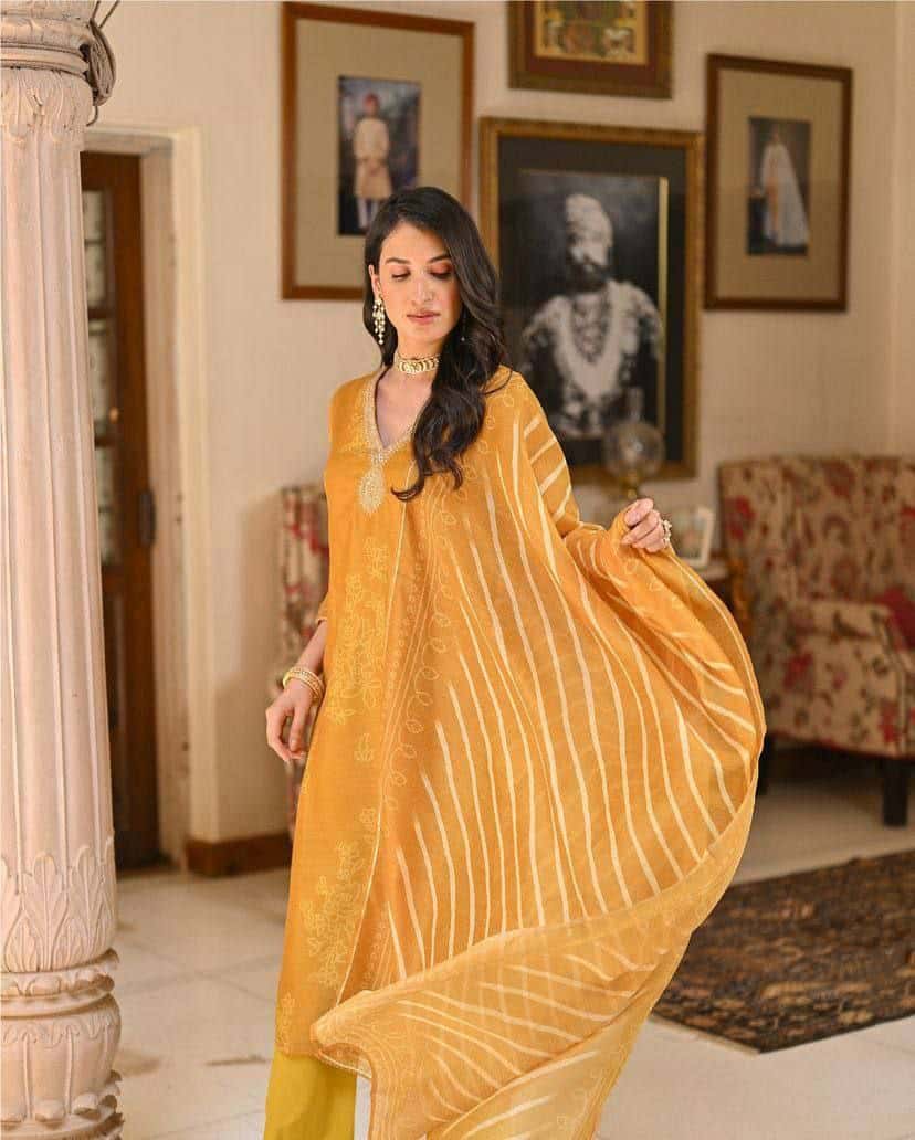 "Elegant Pure Rayon Embroidered Kurti Set with Taby Silk Dupatta – Orange & Blue"