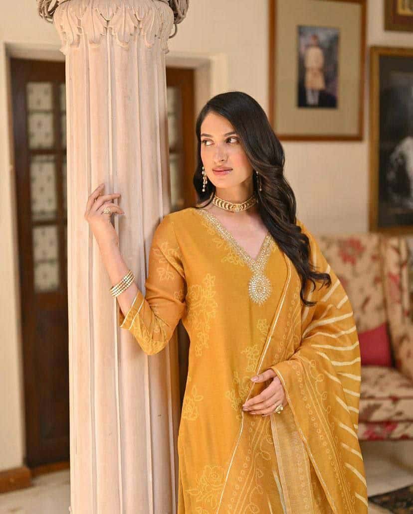 "Elegant Pure Rayon Embroidered Kurti Set with Taby Silk Dupatta – Orange & Blue"