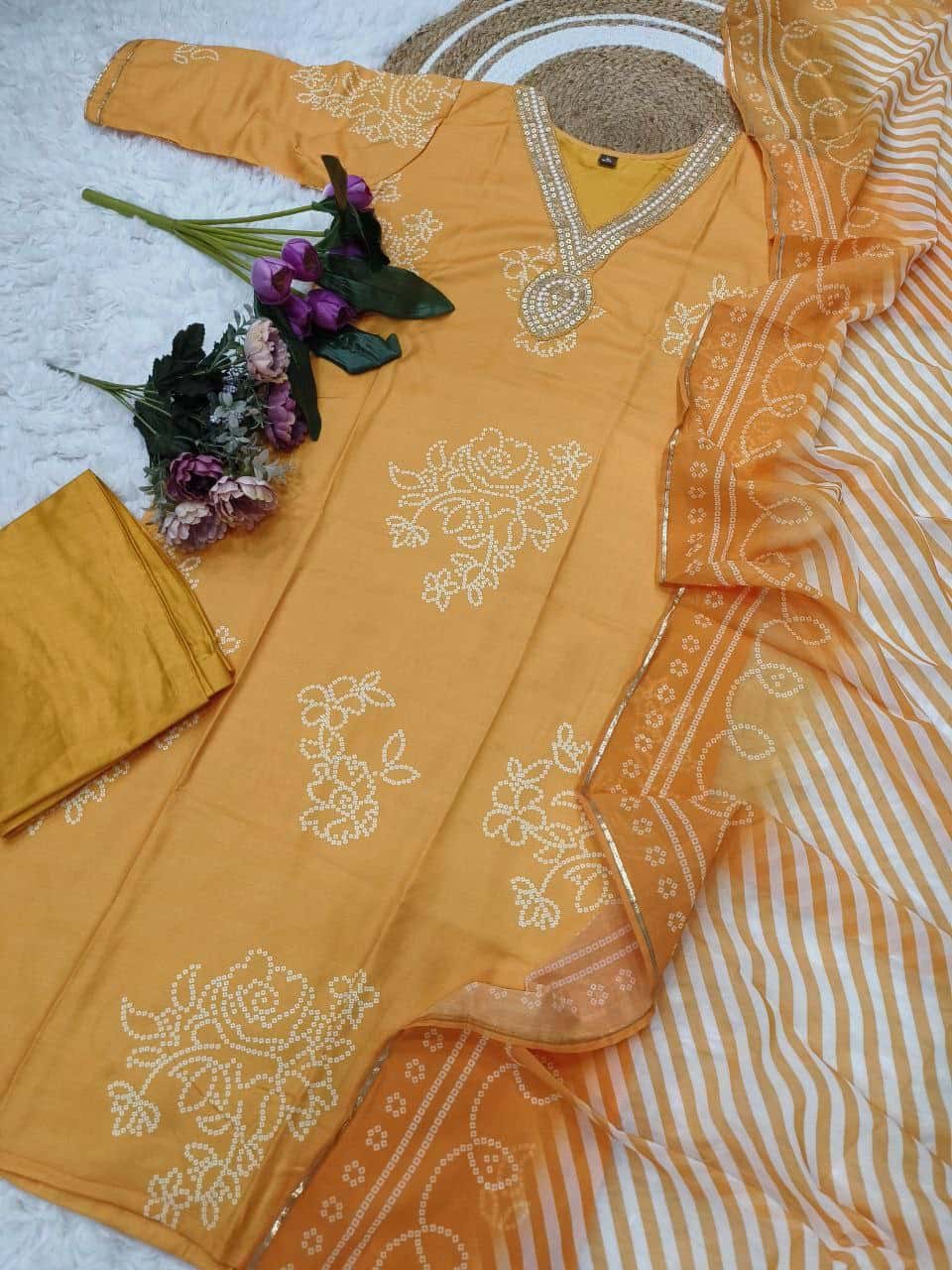 "Elegant Pure Rayon Embroidered Kurti Set with Taby Silk Dupatta – Orange & Blue"