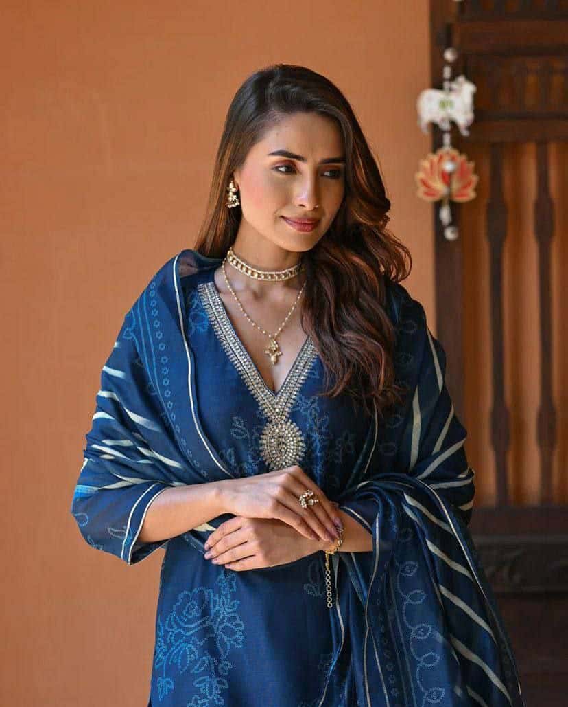 "Elegant Pure Rayon Embroidered Kurti Set with Taby Silk Dupatta – Orange & Blue"