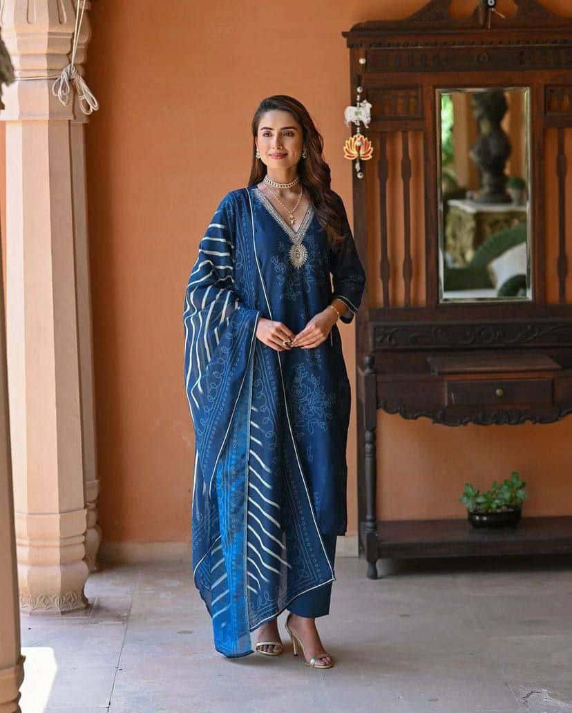 "Elegant Pure Rayon Embroidered Kurti Set with Taby Silk Dupatta – Orange & Blue"