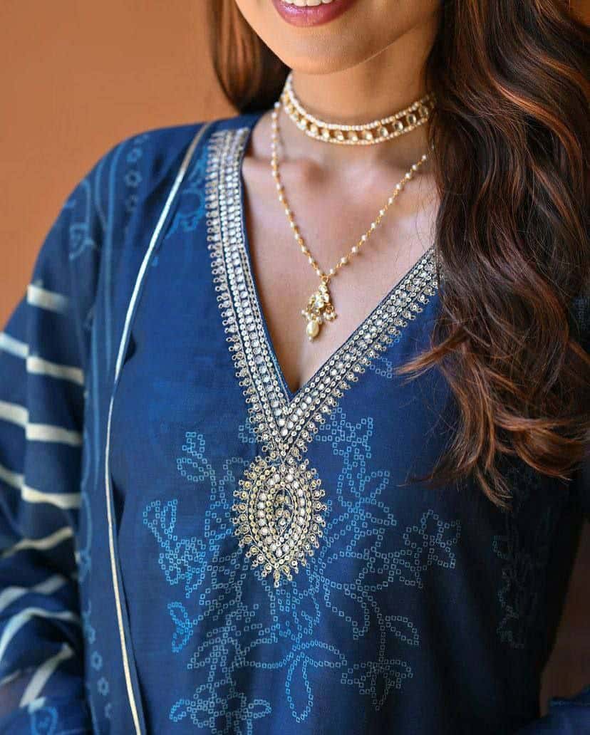 "Elegant Pure Rayon Embroidered Kurti Set with Taby Silk Dupatta – Orange & Blue"