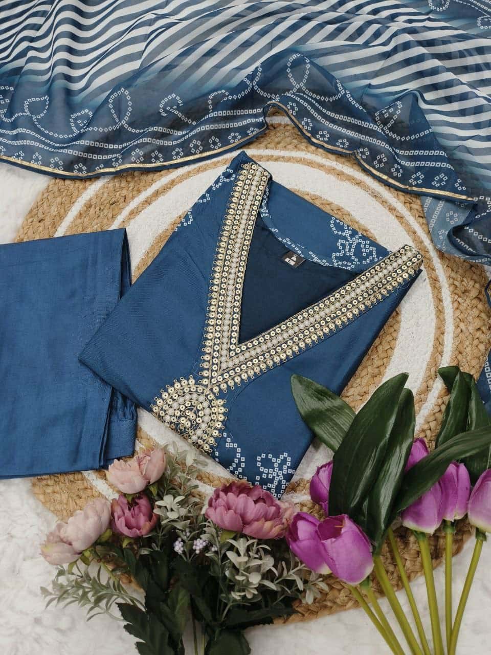 "Elegant Pure Rayon Embroidered Kurti Set with Taby Silk Dupatta – Orange & Blue"