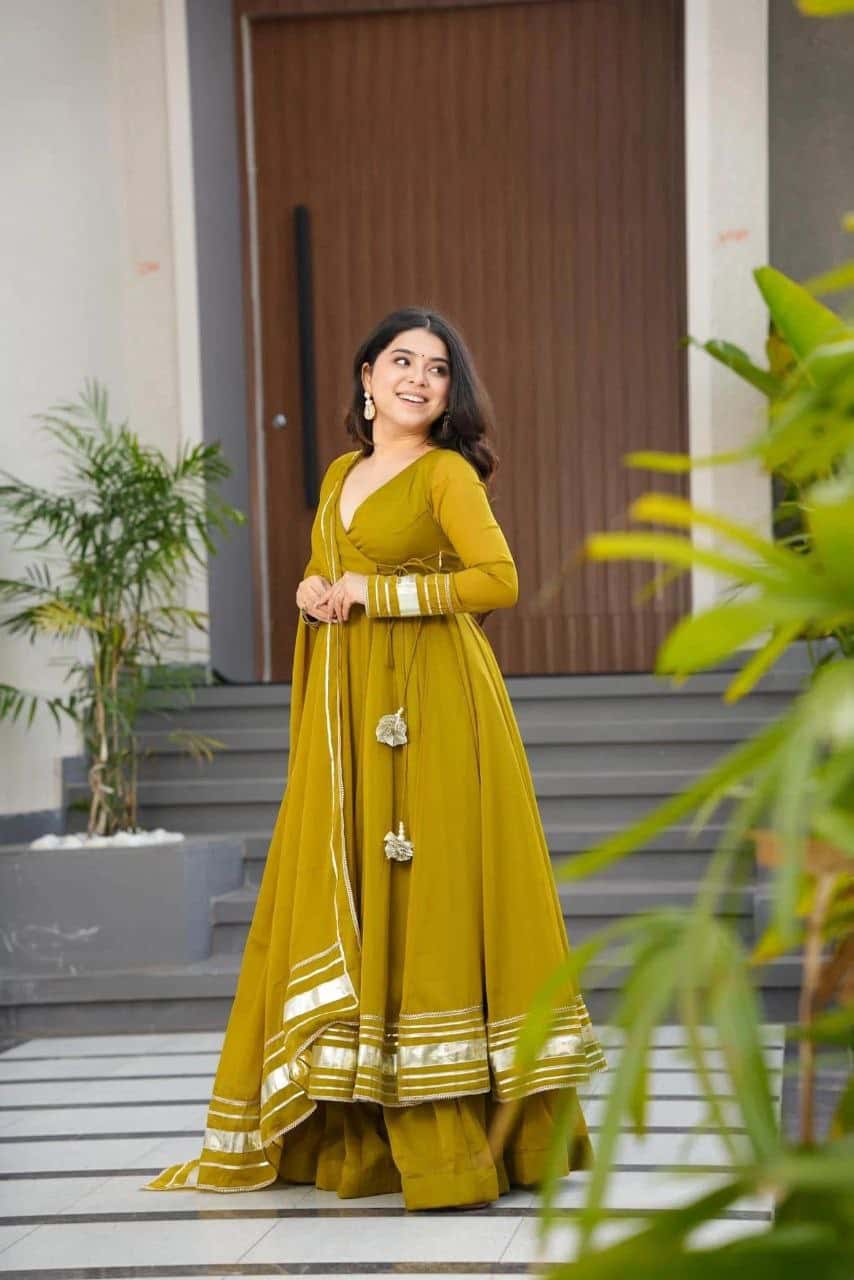 "Elegant Mustard Yellow Pure Fox Georgette Gown Set with Butter Crepe Pant and Gotta Patti Dupatta"