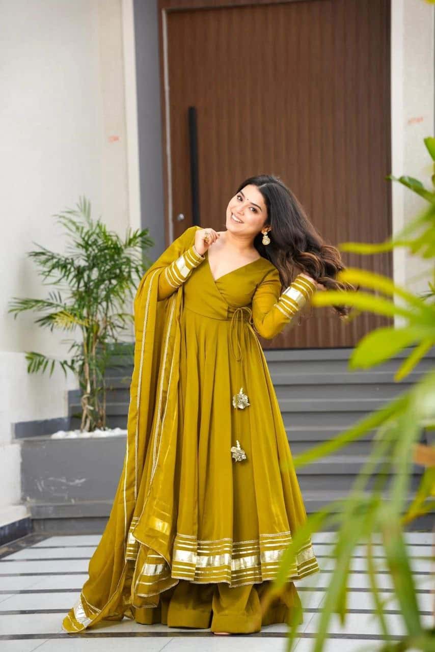 "Elegant Mustard Yellow Pure Fox Georgette Gown Set with Butter Crepe Pant and Gotta Patti Dupatta"