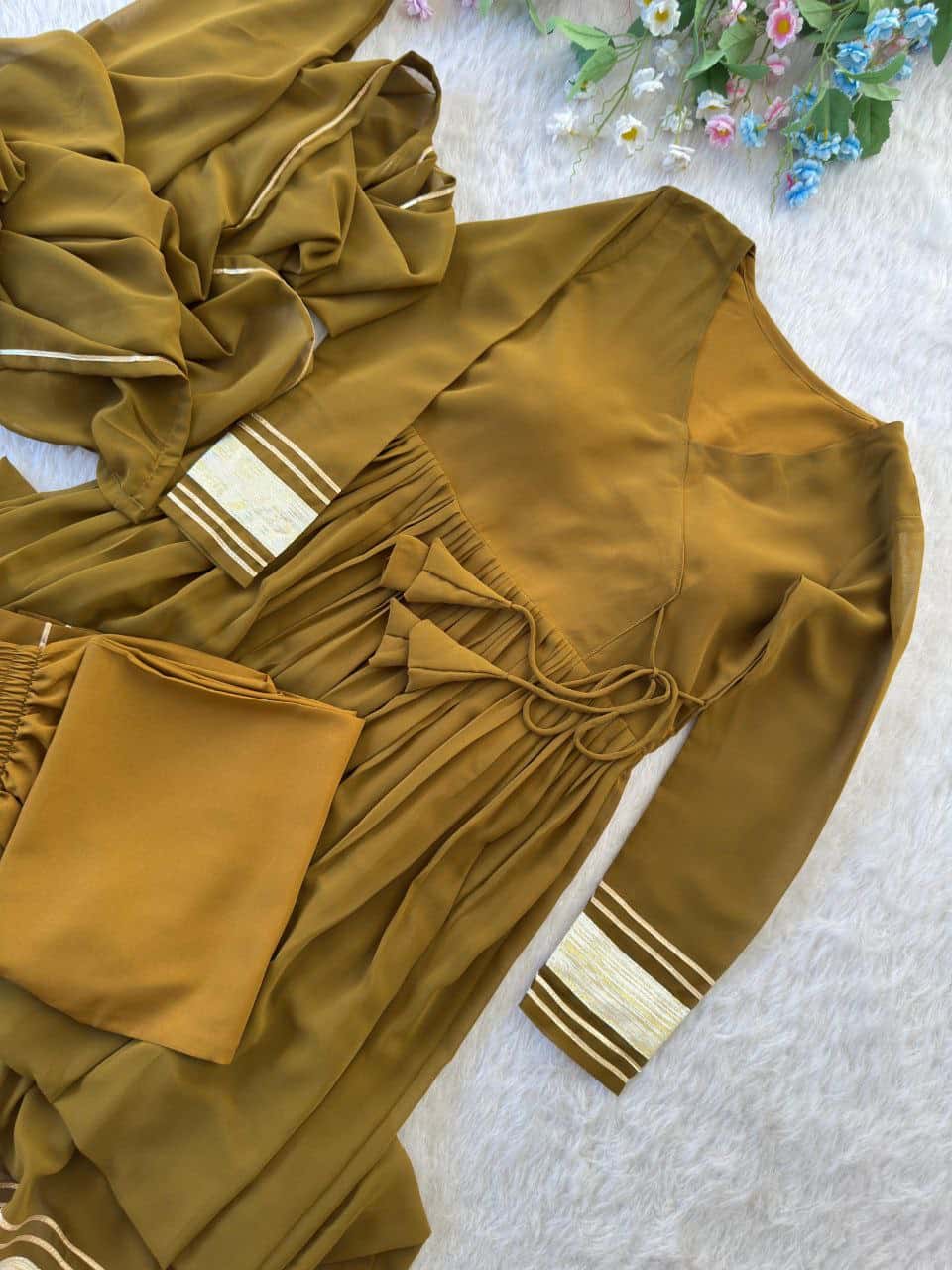 "Elegant Mustard Yellow Pure Fox Georgette Gown Set with Butter Crepe Pant and Gotta Patti Dupatta"