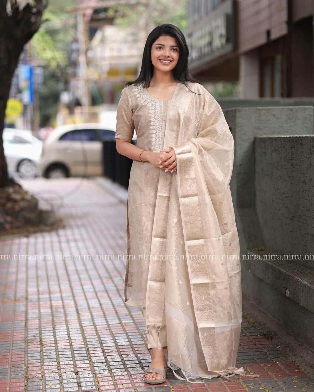 "Sophisticated Muted Light Brown Embroidered Gown with Foil Work Dupatta"