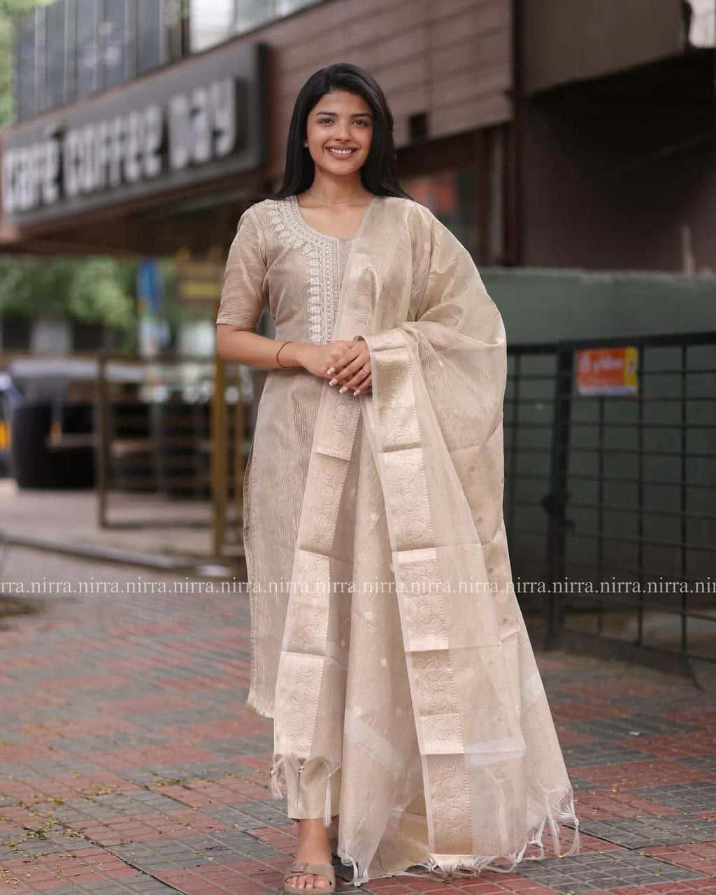 "Sophisticated Muted Light Brown Embroidered Gown with Foil Work Dupatta"