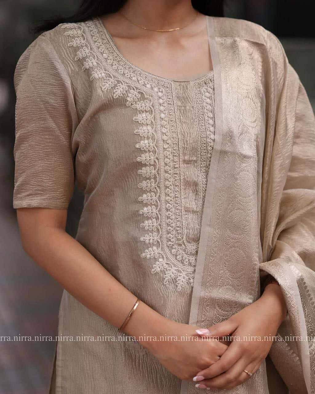 "Sophisticated Muted Light Brown Embroidered Gown with Foil Work Dupatta"