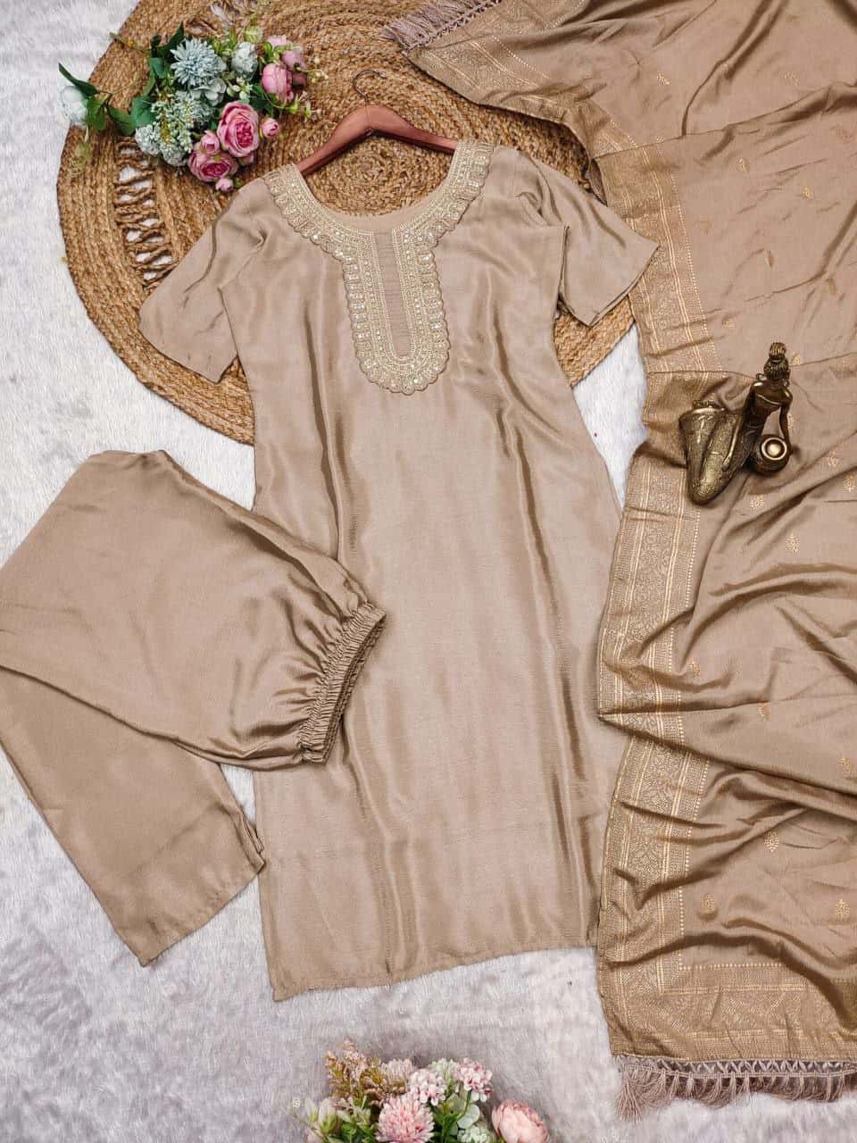"Sophisticated Muted Light Brown Embroidered Gown with Foil Work Dupatta"