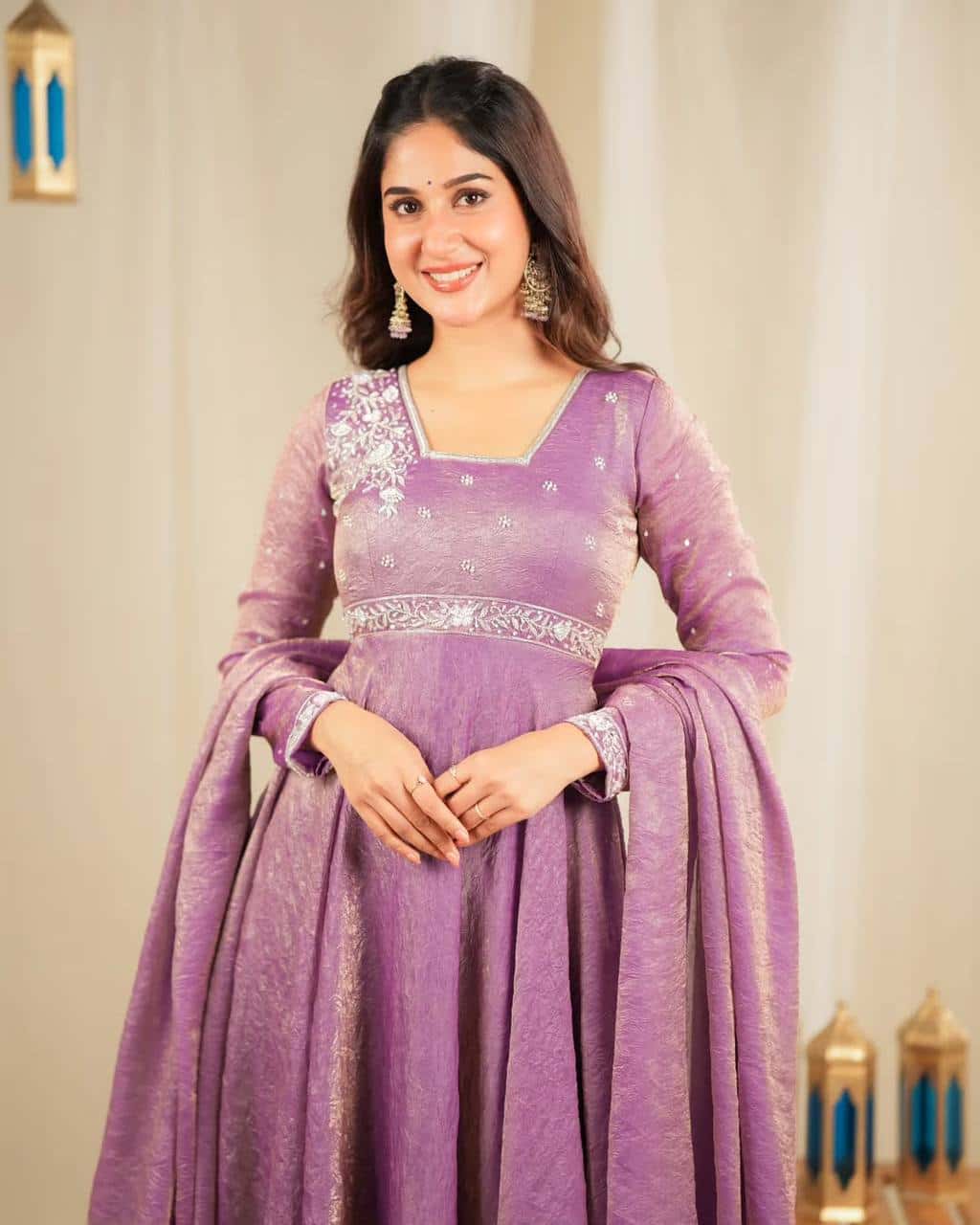 "Elegant Heavy Goldcrush Silk Gown with Embroidery & Rivet Moti Work"