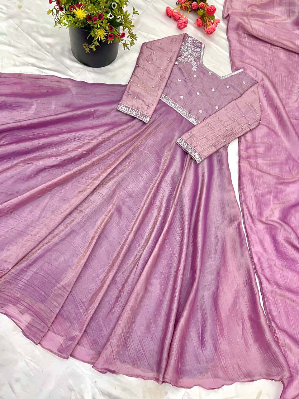 "Elegant Heavy Goldcrush Silk Gown with Embroidery & Rivet Moti Work"