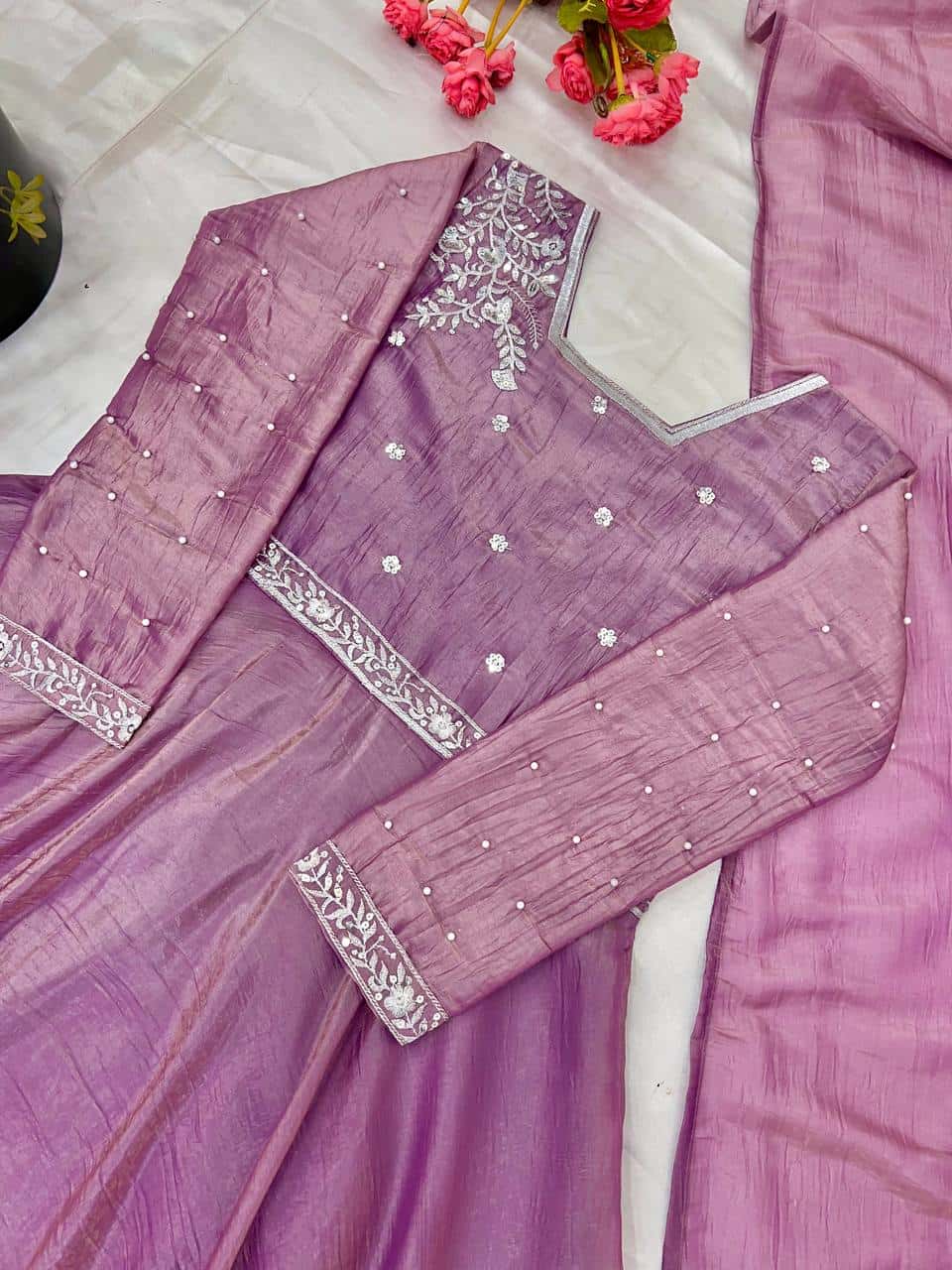 "Elegant Heavy Goldcrush Silk Gown with Embroidery & Rivet Moti Work"