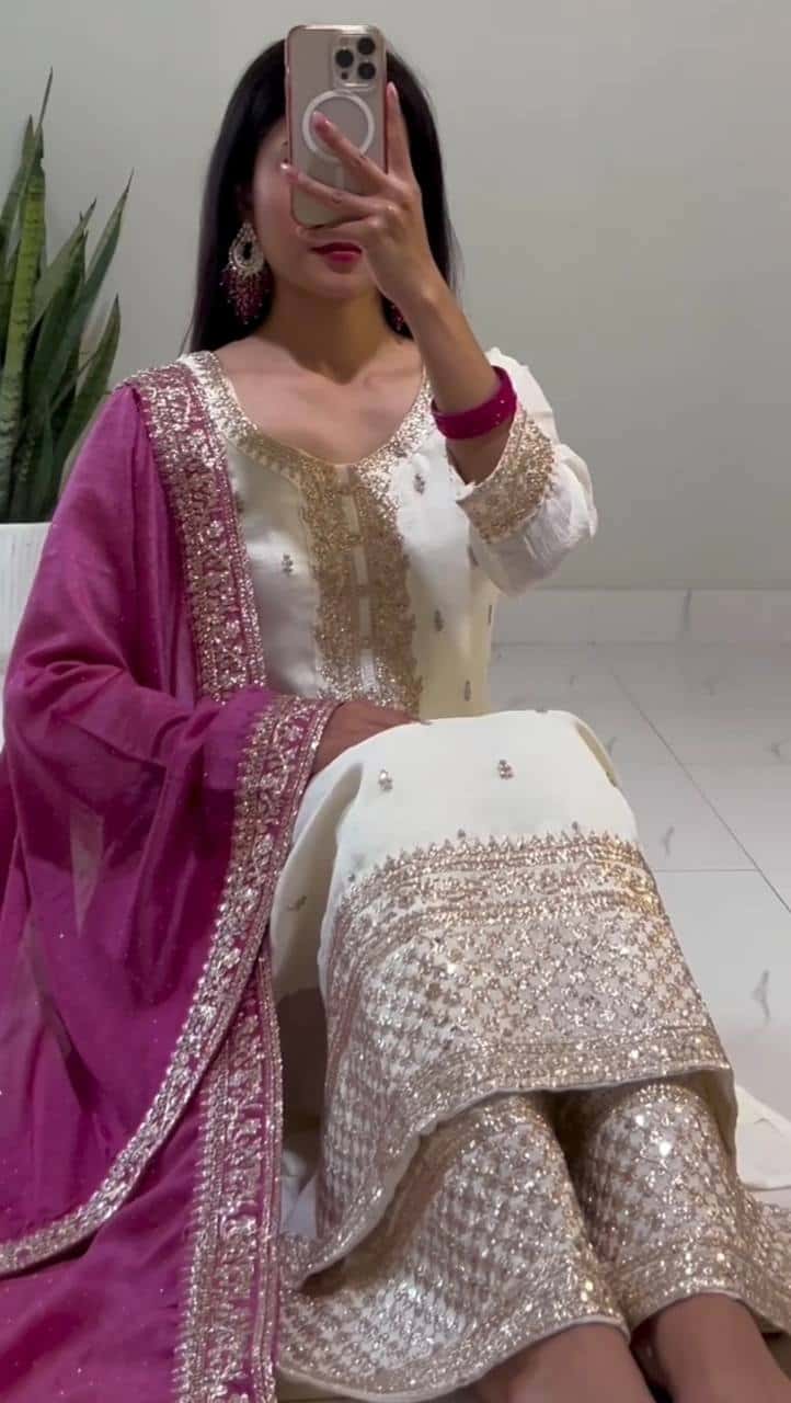 "Elegant Chinnon Silk Embroidered Top, Pant & Dupatta Set"