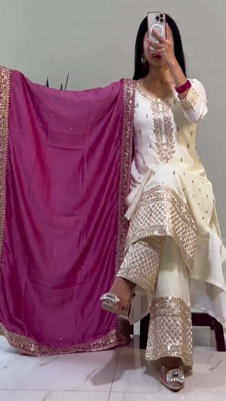"Elegant Chinnon Silk Embroidered Top, Pant & Dupatta Set"