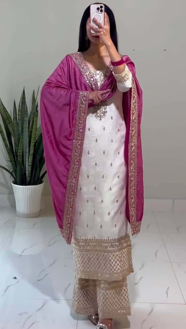 "Elegant Chinnon Silk Embroidered Top, Pant & Dupatta Set"