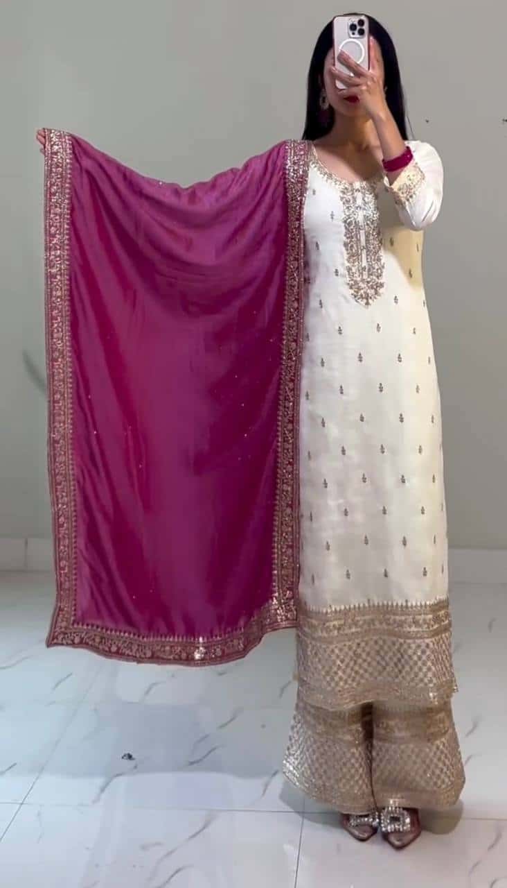 "Elegant Chinnon Silk Embroidered Top, Pant & Dupatta Set"