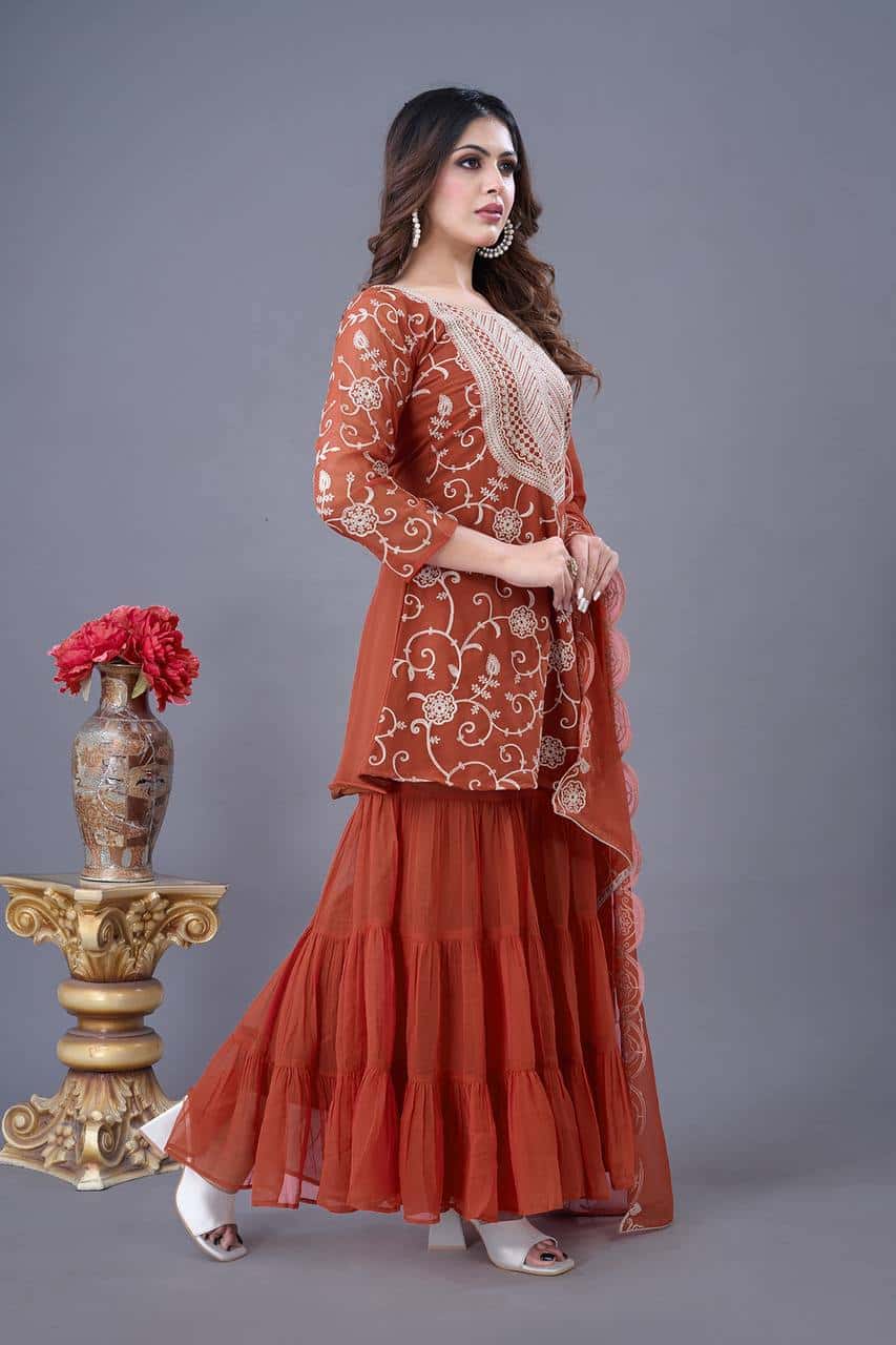 "Luxury Georgette Embroidered Top & Sharara Set with Dupatta"