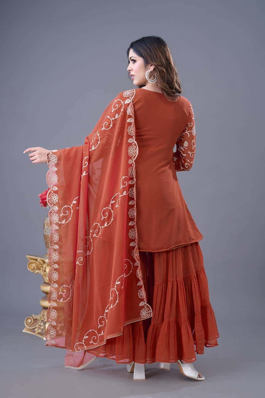 "Luxury Georgette Embroidered Top & Sharara Set with Dupatta"