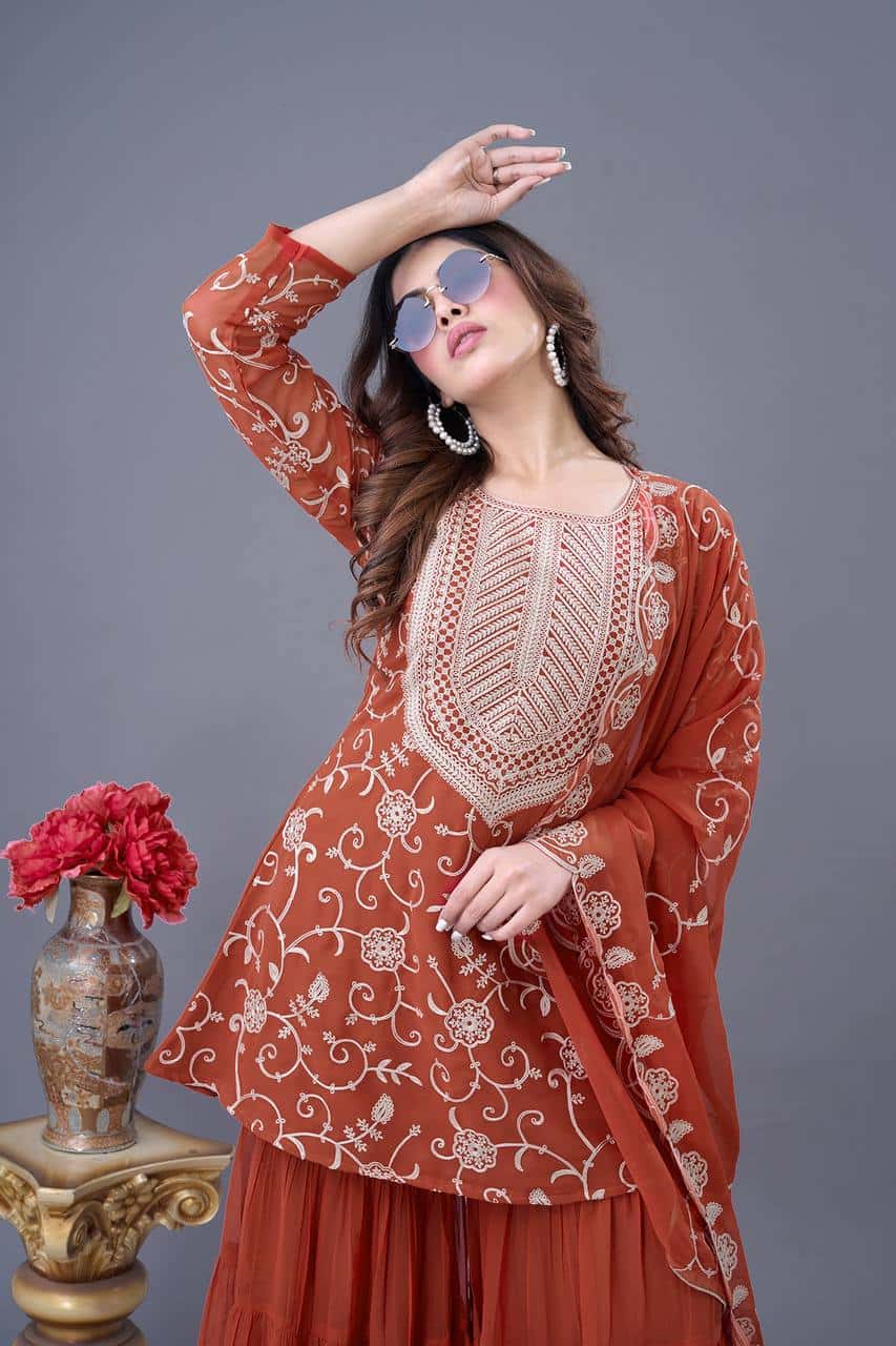 "Luxury Georgette Embroidered Top & Sharara Set with Dupatta"