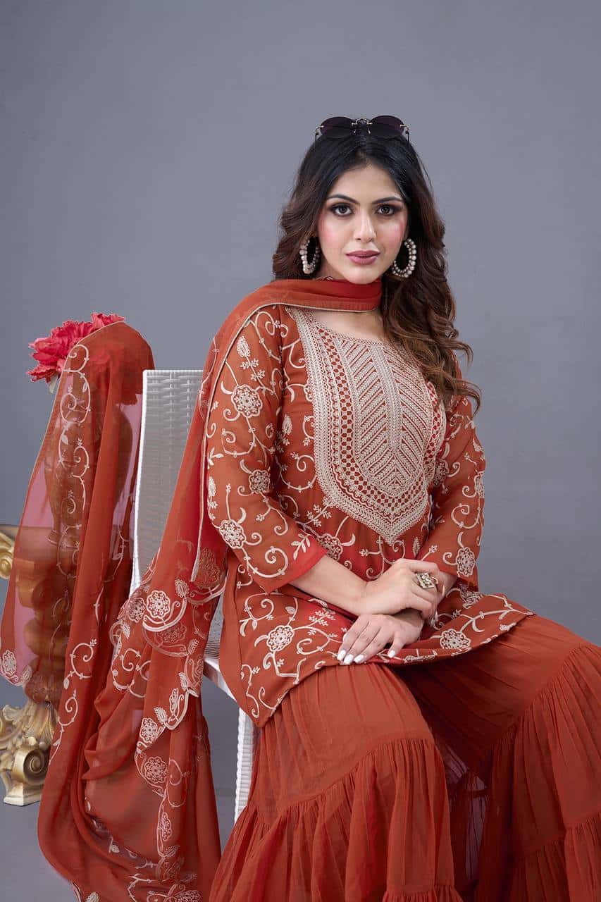 "Luxury Georgette Embroidered Top & Sharara Set with Dupatta"