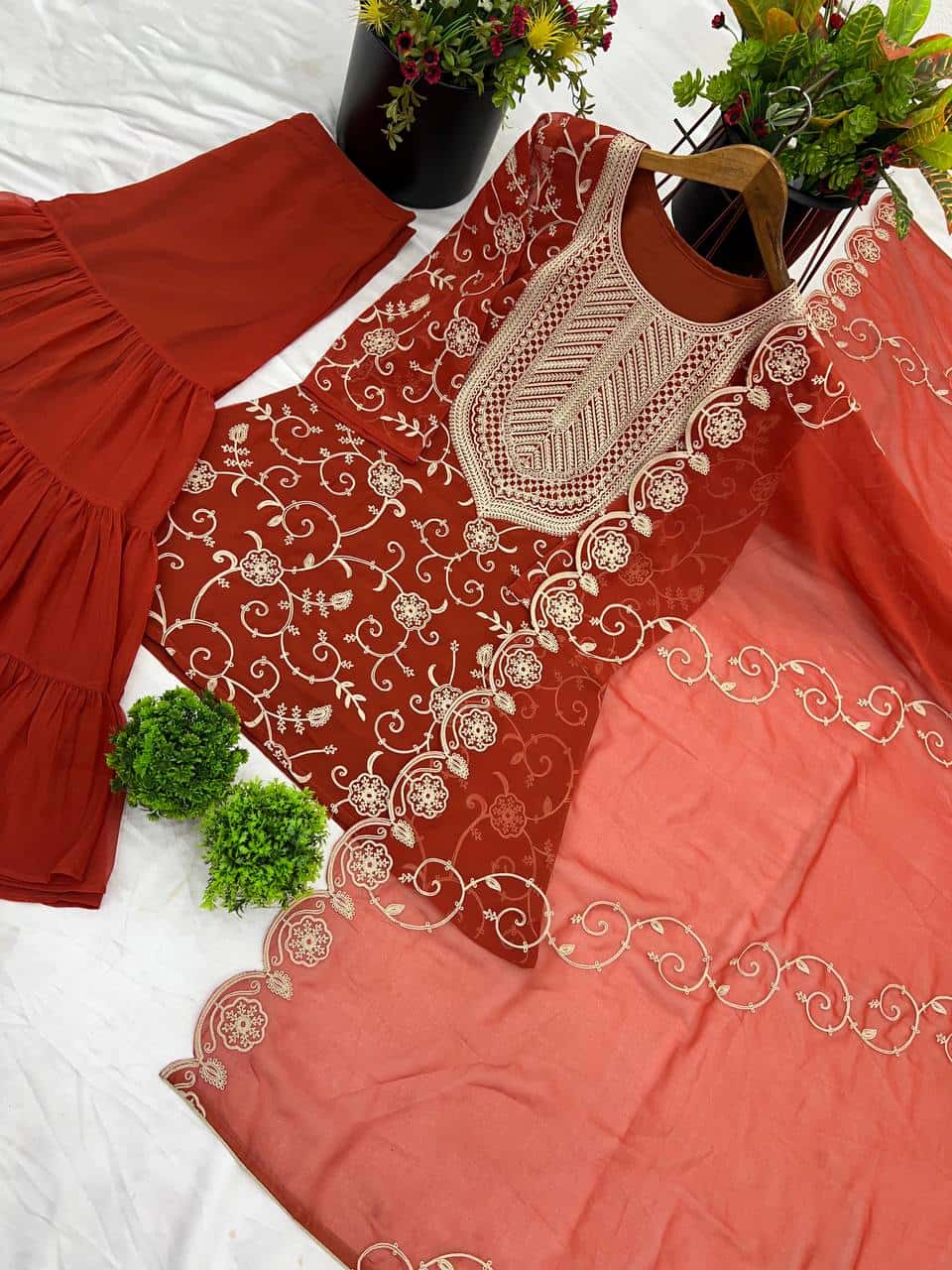 "Luxury Georgette Embroidered Top & Sharara Set with Dupatta"