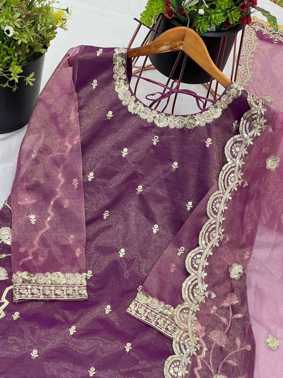 Elegant Embroidered Twill Net Set: Top, Plazzo, and Dupatta