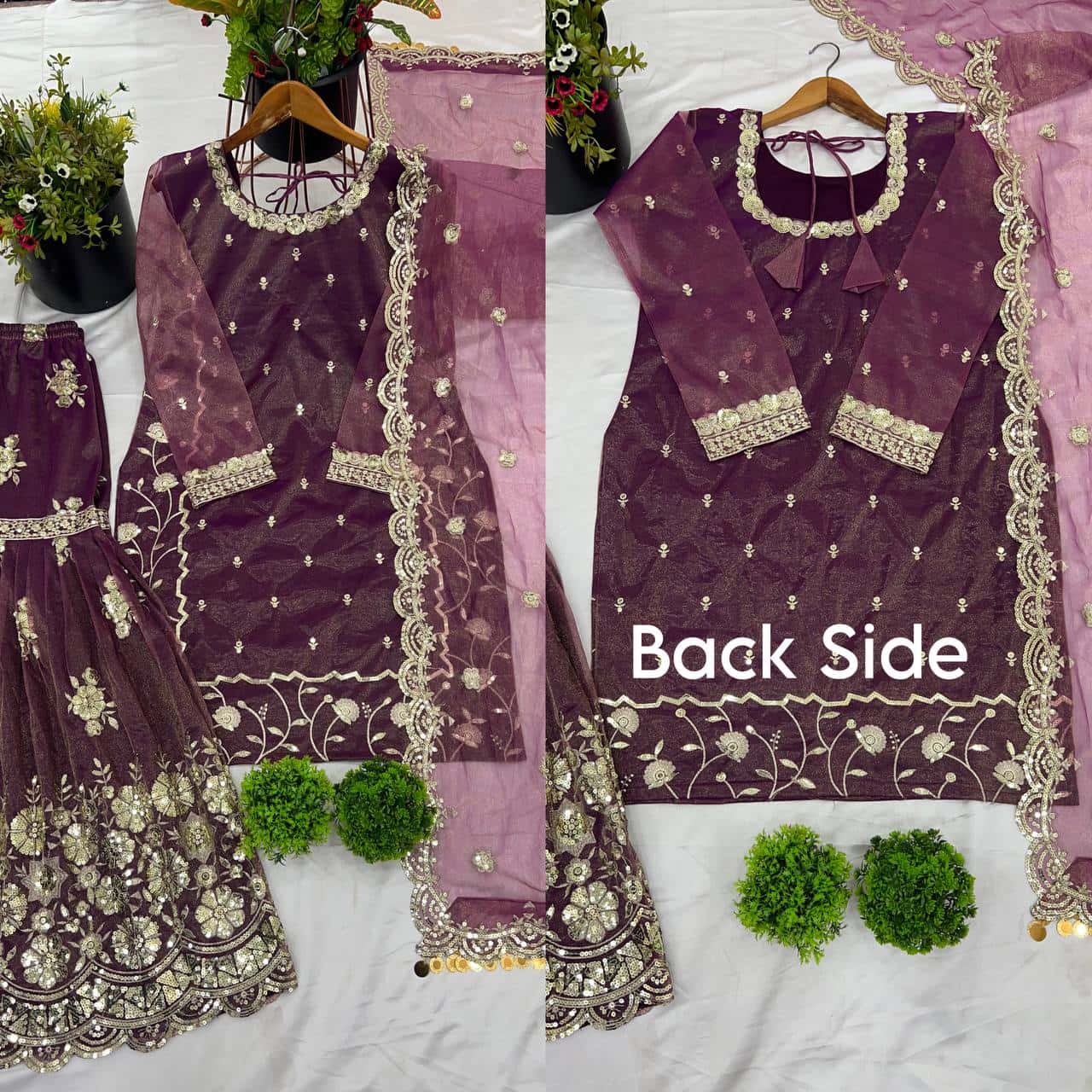 Elegant Embroidered Twill Net Set: Top, Plazzo, and Dupatta