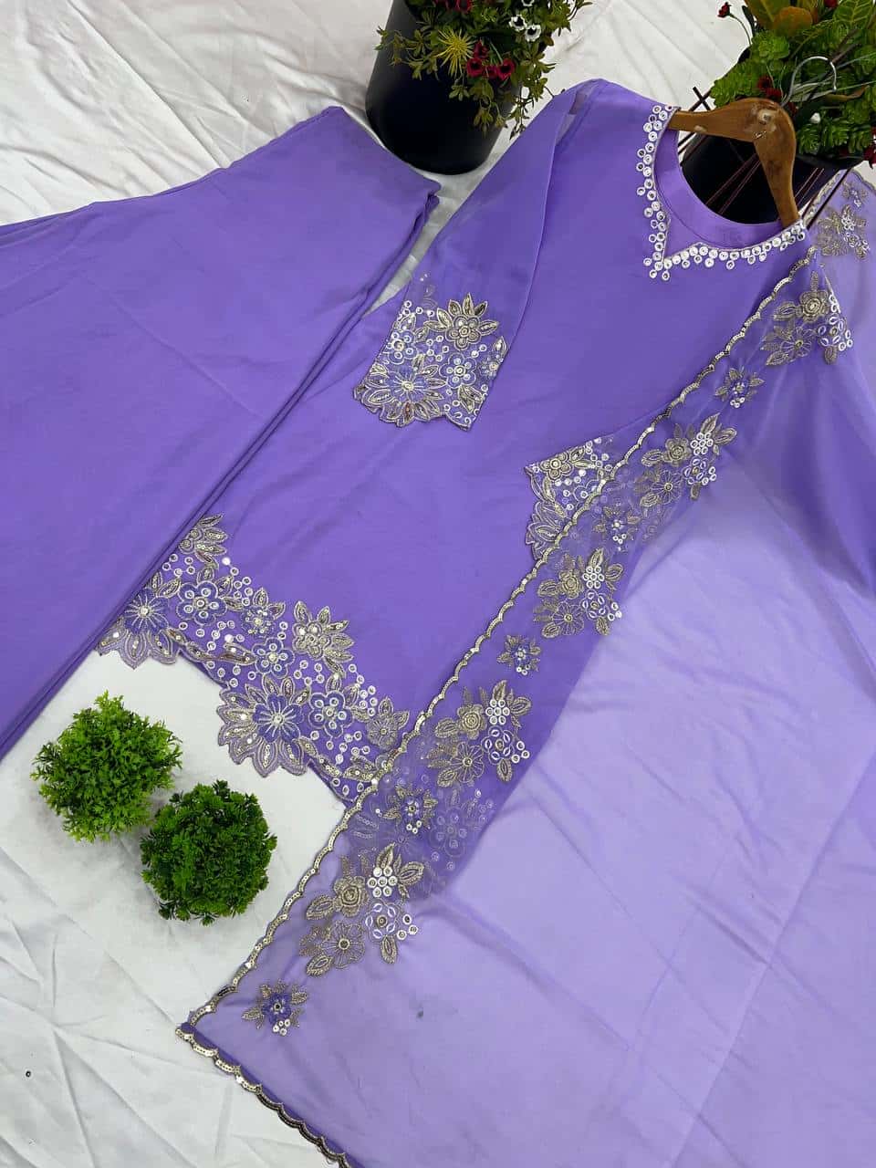 "Elegant Faux Georgette Embroidered Top with Plazzo & Dupatta Set"