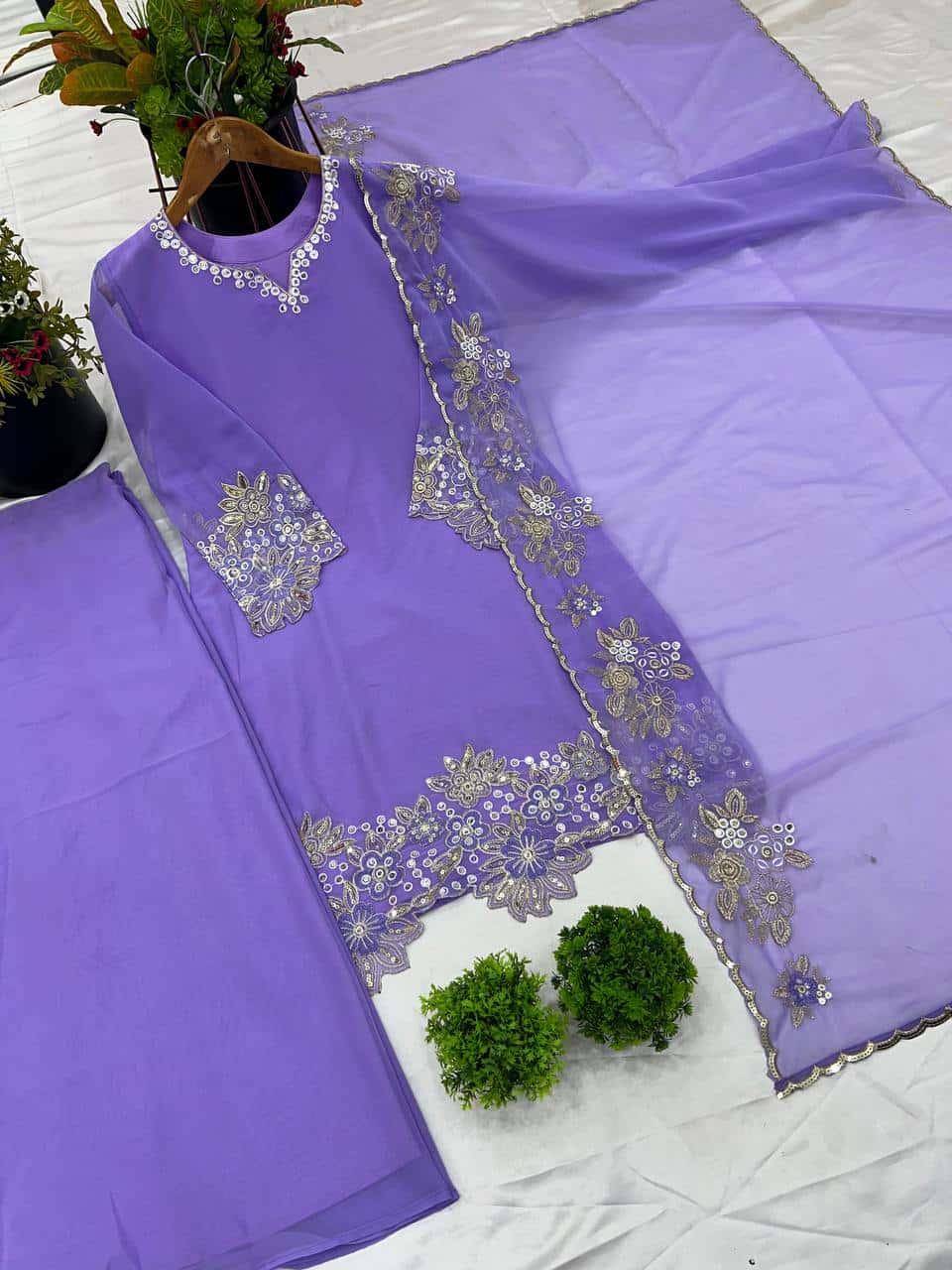 "Elegant Faux Georgette Embroidered Top with Plazzo & Dupatta Set"