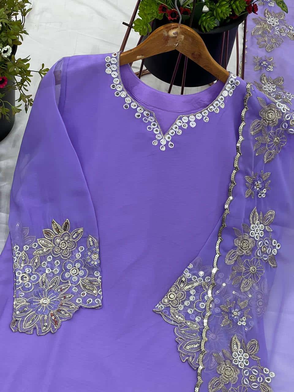 "Elegant Faux Georgette Embroidered Top with Plazzo & Dupatta Set"