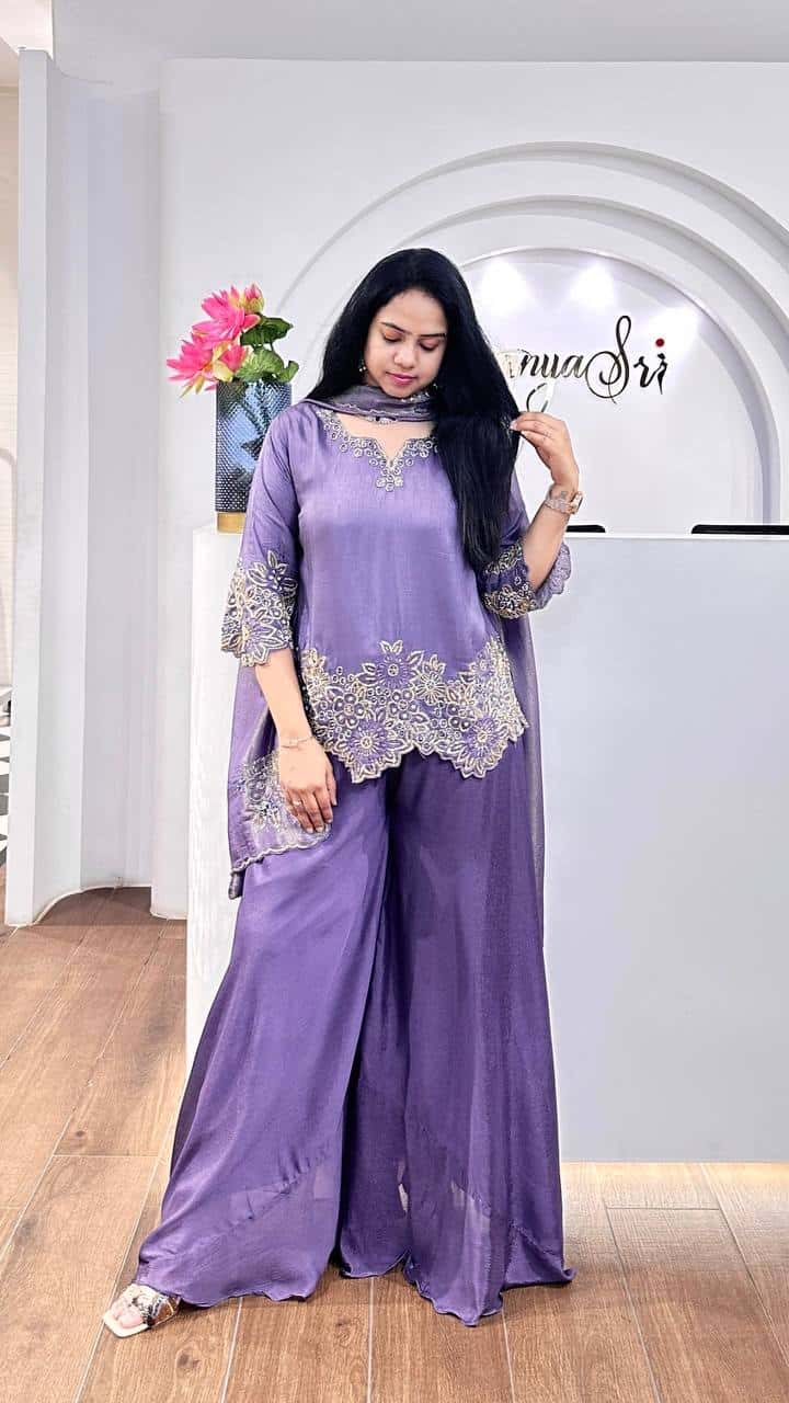 "Elegant Faux Georgette Embroidered Top with Plazzo & Dupatta Set"