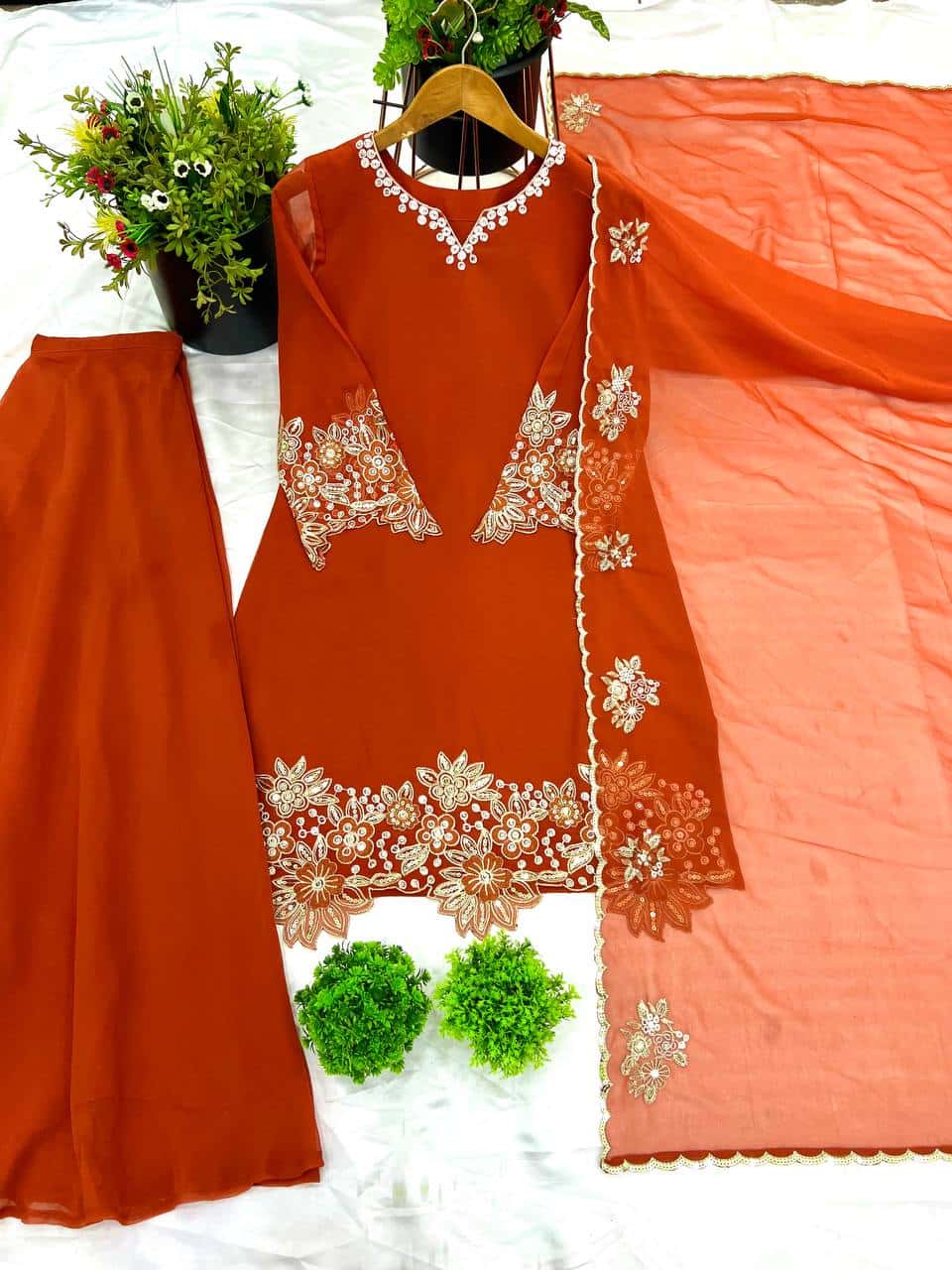 "Elegant Faux Georgette Embroidered Top with Plazzo & Dupatta Set"
