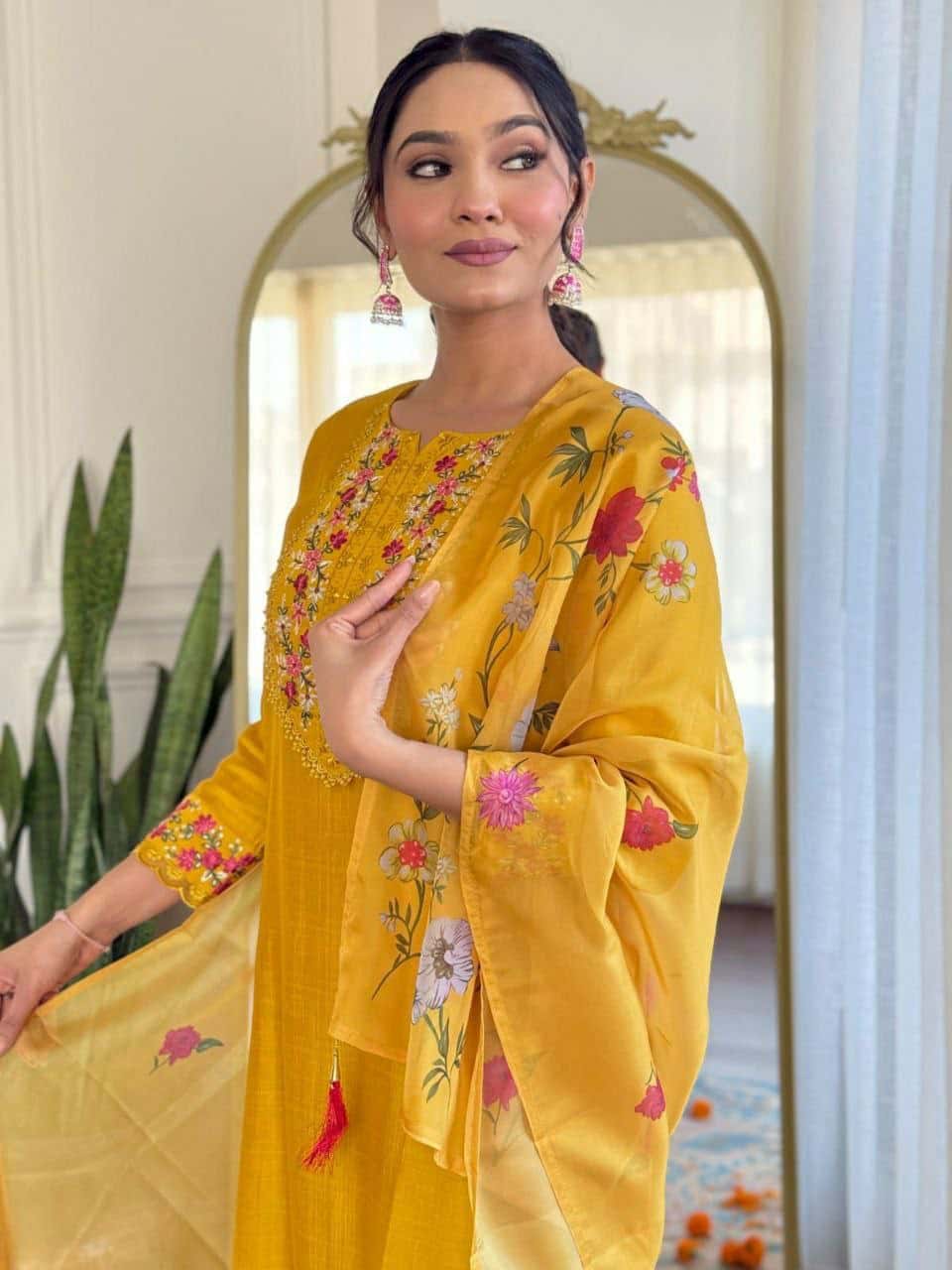 "Elegant Gadhwal Silk Top with Embroidery & Taby Silk Dupatta – Stylish & Comfortable"