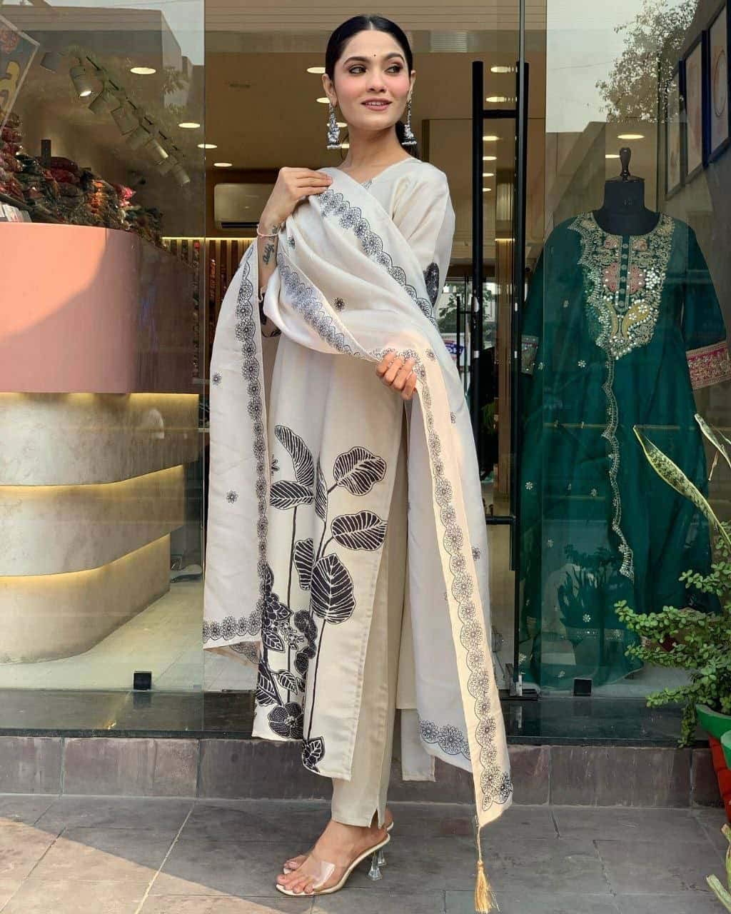 Elegant Chinnon Silk Top with Embroidery & Dupatta
