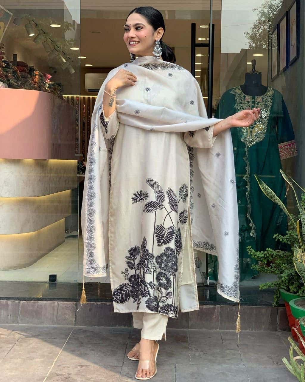Elegant Chinnon Silk Top with Embroidery & Dupatta