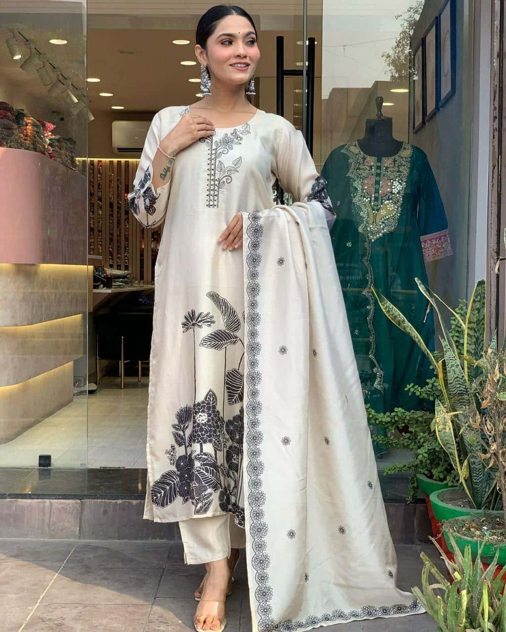 Elegant Chinnon Silk Top with Embroidery & Dupatta