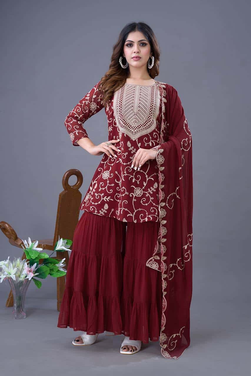 "Luxury Georgette Embroidered Top & Sharara Set with Dupatta"
