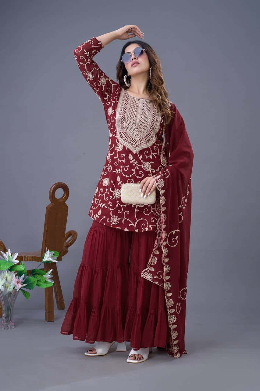 "Luxury Georgette Embroidered Top & Sharara Set with Dupatta"
