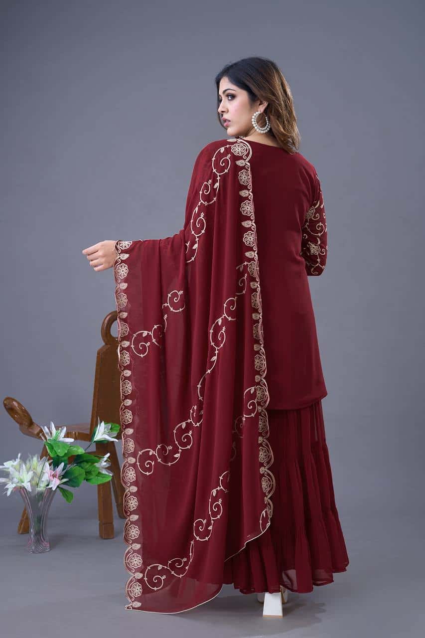 "Luxury Georgette Embroidered Top & Sharara Set with Dupatta"