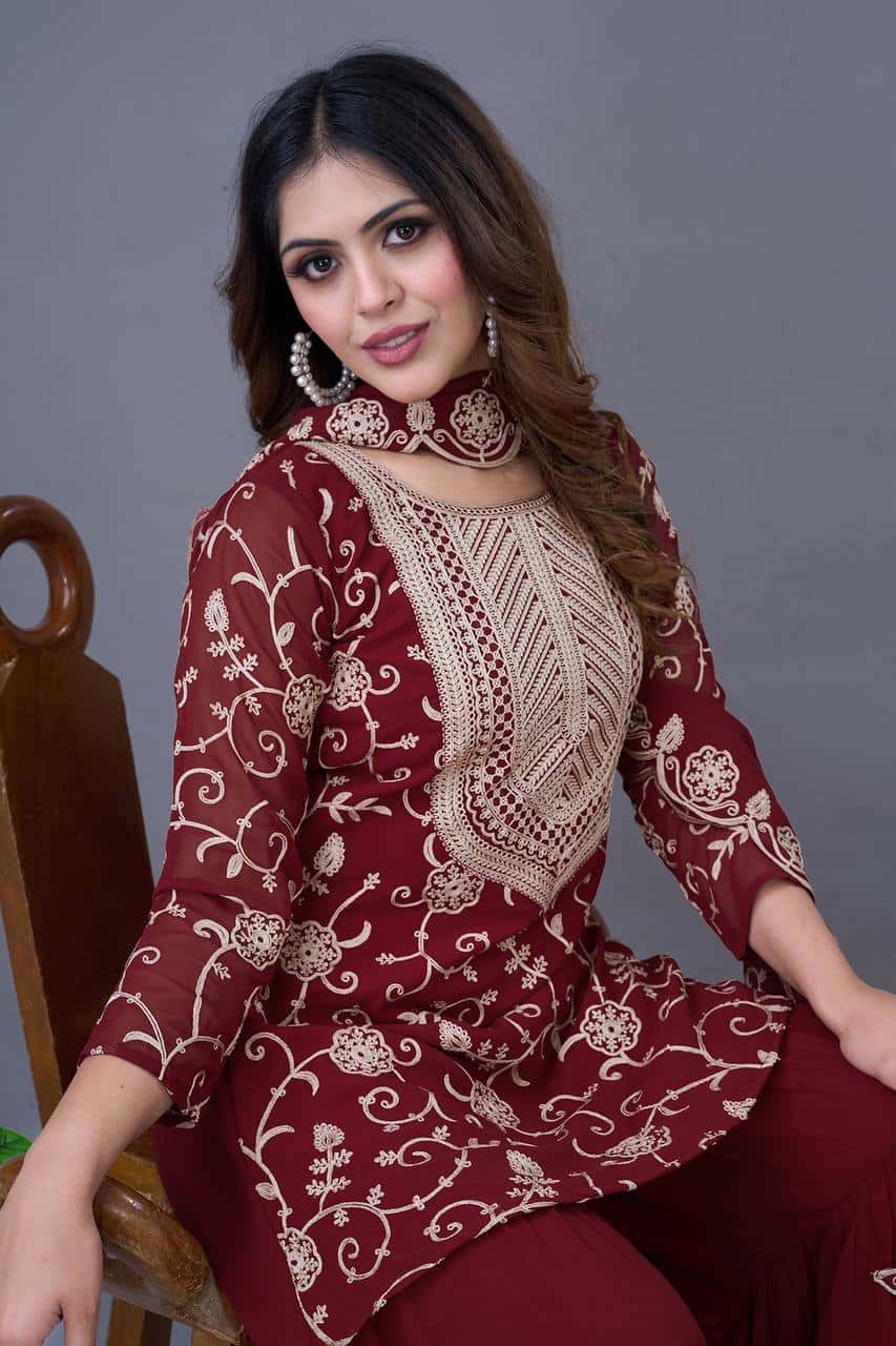 "Luxury Georgette Embroidered Top & Sharara Set with Dupatta"