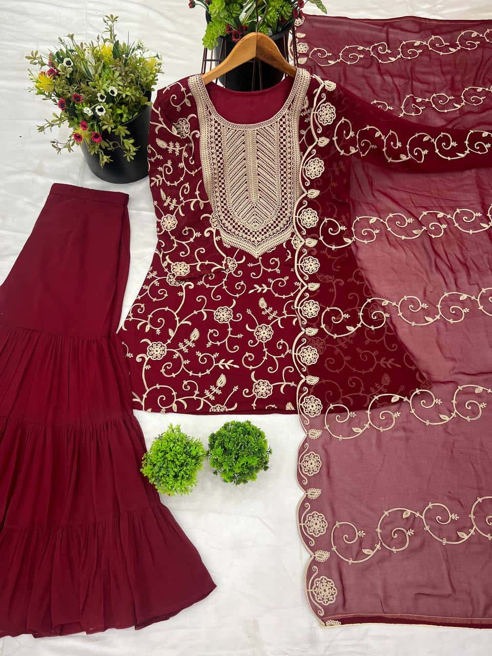 "Luxury Georgette Embroidered Top & Sharara Set with Dupatta"