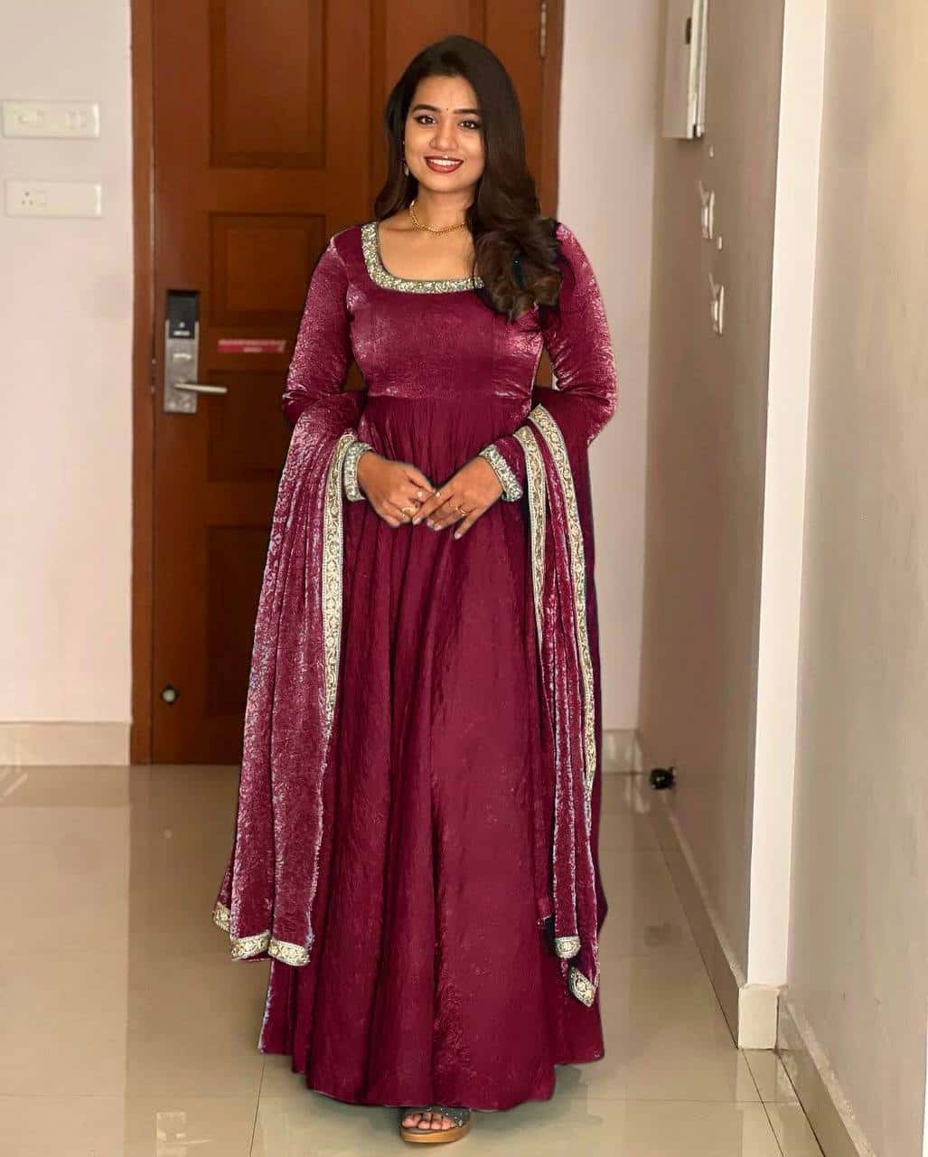 "Royal Elegance: Heavy Fandy Silk Gown with Embroidery Sequence Work & Full Flair"