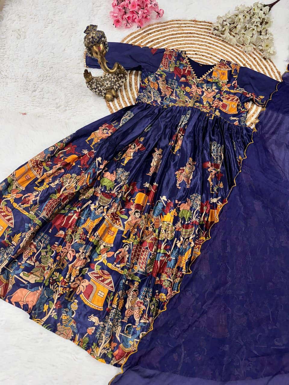 “Elegant Chinon Silk Kalamkari Printed Top with Cut Work Border Dupatta”