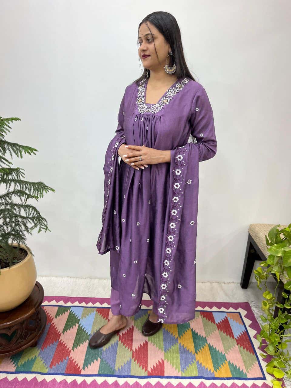 Elegant Vichitra Silk Handwork Gown Set with Embroidered Dupatta